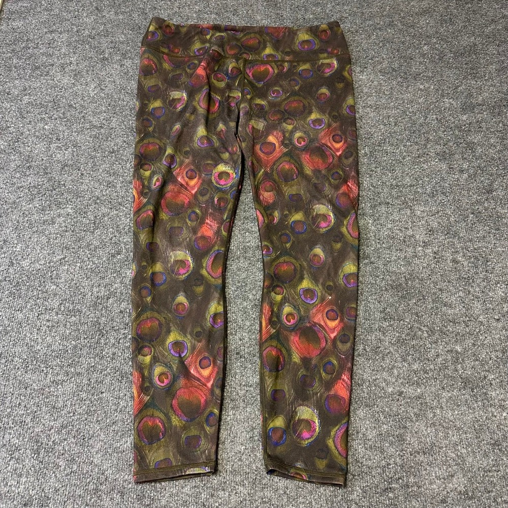 Fabletics Leggings Womens Size M Brown Peacock Feather Print Athletic Yoga Pants